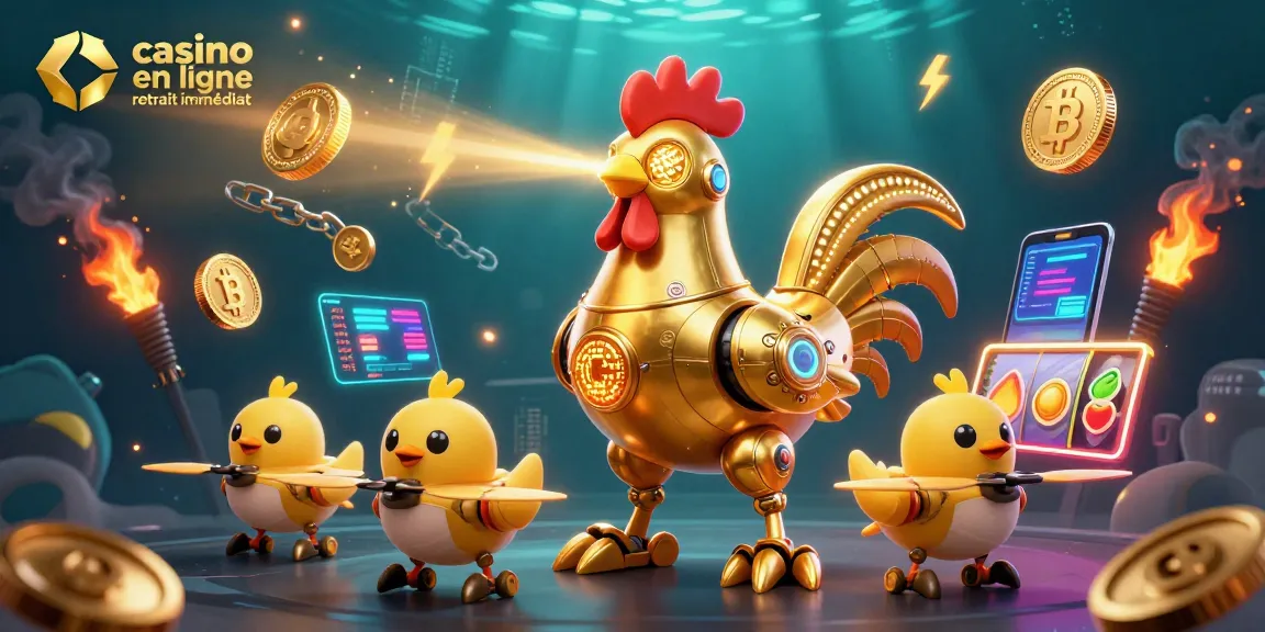 Jouez au casino en ligne retrait immédiat avec un robot coq doré et des éléments de jeux modernes.