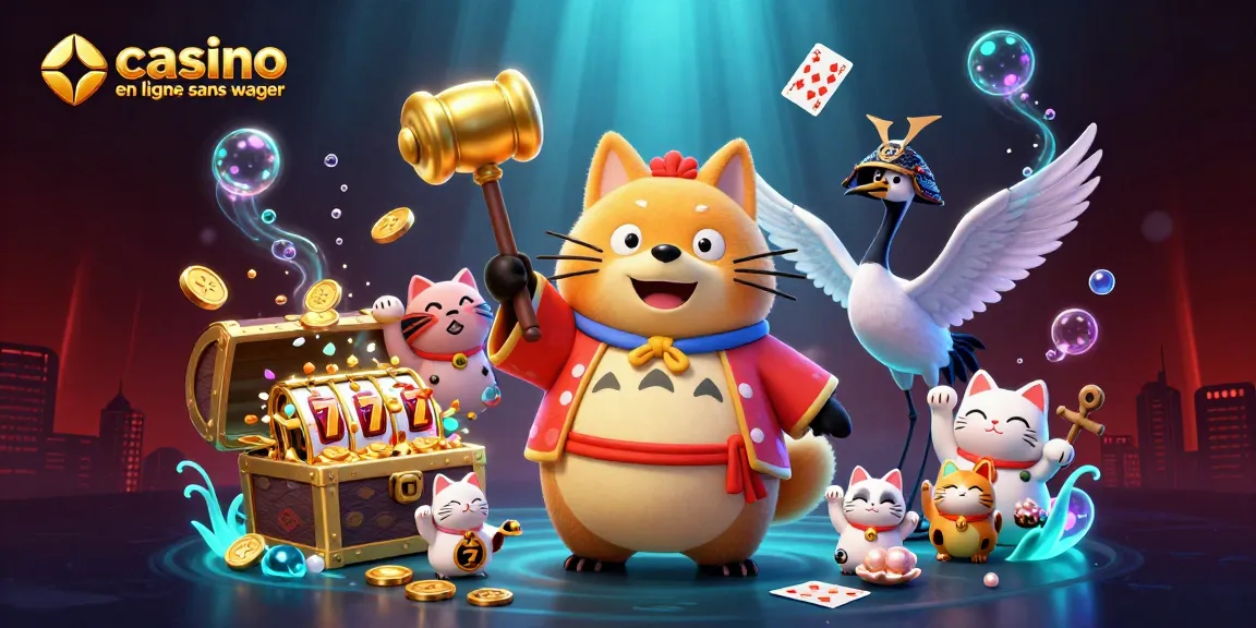 Illustration de tanuki et maneki-neko pour le casino en ligne sans wager, jouant devant des rouleaux de machines à sous.