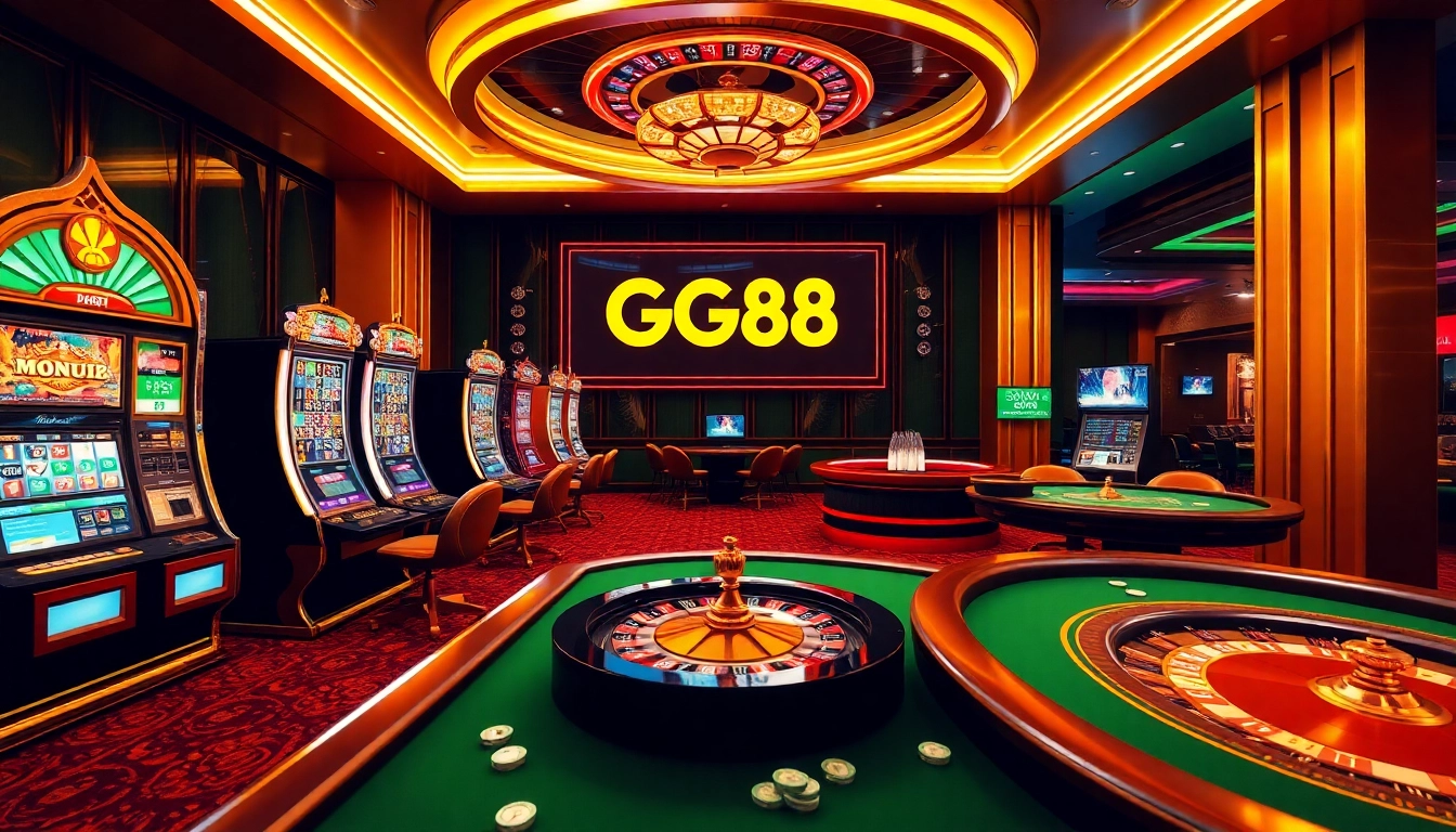Experience the excitement of GG88 with luxurious online gambling settings featuring vibrant casino tables and chips.