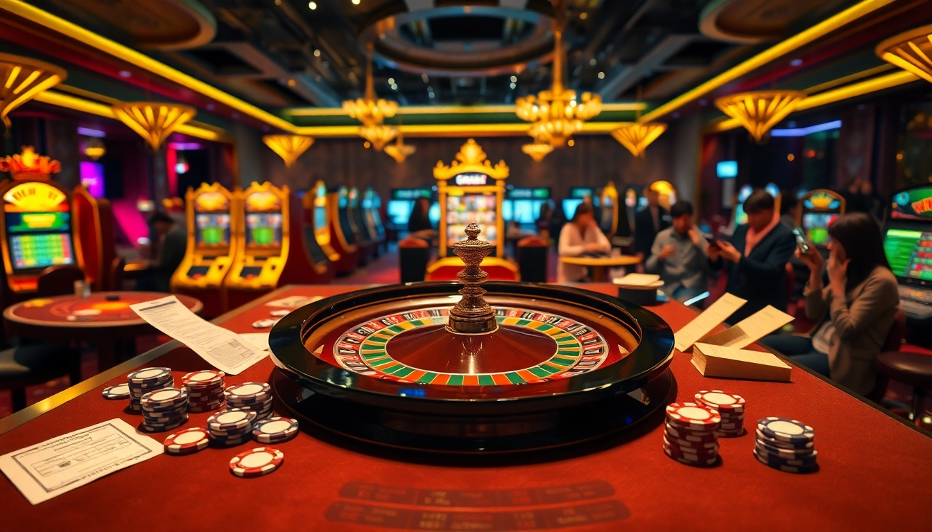 Adegan kasino dinamis yang menampilkan roda roulette dan slip taruhan, menyoroti pengalaman togel online.