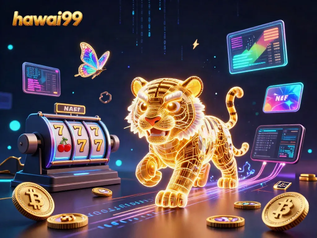 Engage with hawai99 in a vibrant digital casino filled with neon elements and animated characters.