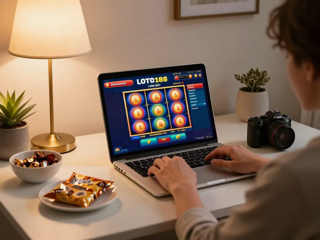 Engaging player exploring the LOTO188 LINK MỚI on laptop during an online gaming session, enjoying a cozy atmosphere.