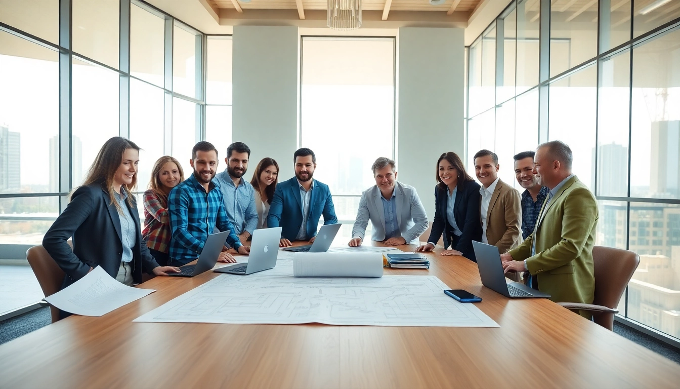 Team of professionals in a construction member organization collaborating during a meeting.