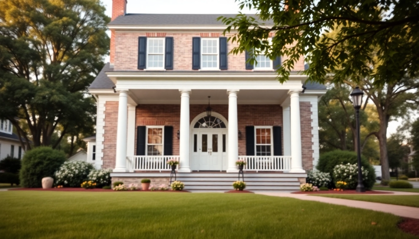 Beautiful colonial home build featuring elegant porch and manicured lawn amidst a tranquil setting.
