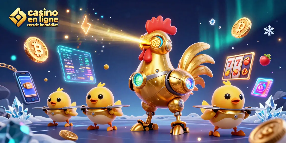 Casino en ligne retrait immédiat avec un robot coq en or et des éléments de machine à sous riches.