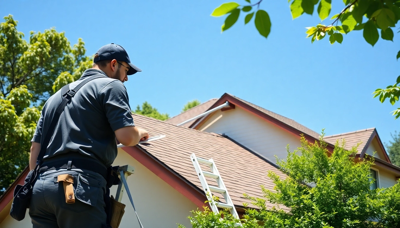 Roof repair professional inspecting a residential roof for damage while surrounded by greenery.
