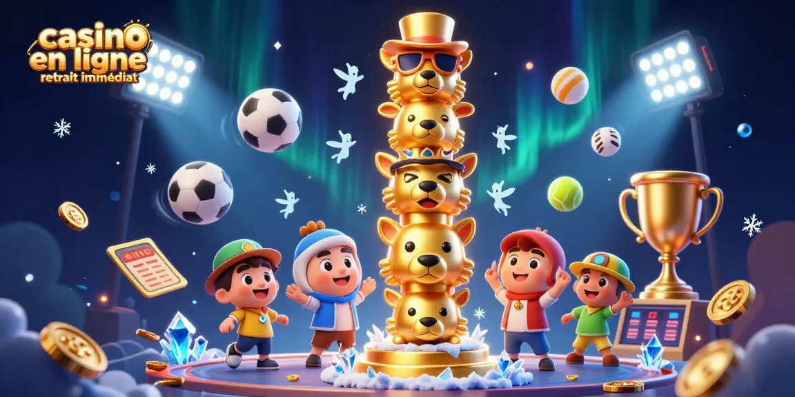 Découvrez le concept captivant de casino en ligne retrait immédiat avec un totem coloré, des ballons et des pièces d'or.