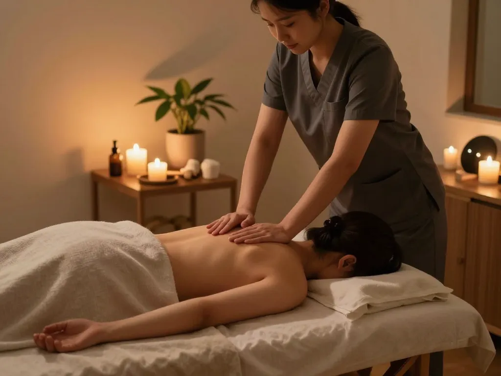 부천 출장마사지 in a tranquil home setting with a therapist providing soothing care.