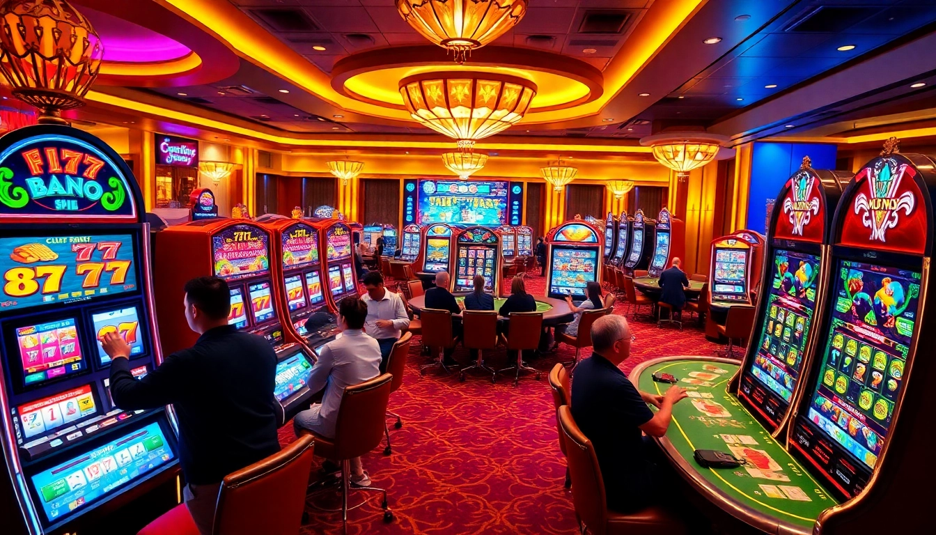 Gamblers enjoying a thrilling moment at slot 777 machines in a luxurious casino setting.