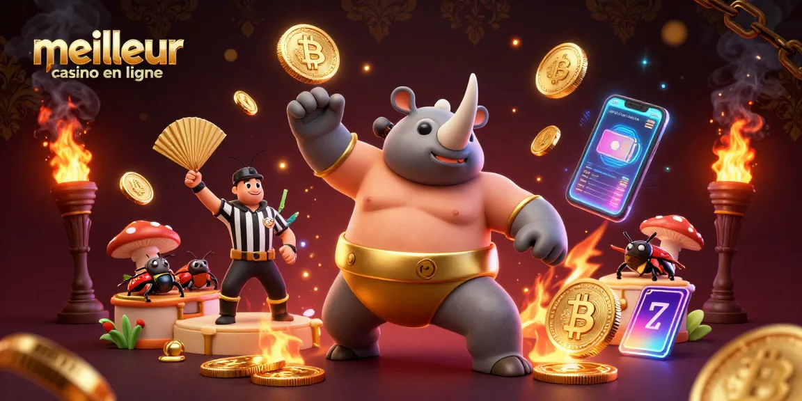 Illustration dynamique d'un meilleur casino en ligne avec un héros en costume, des pièces d'or et des éléments de jeu crypto.