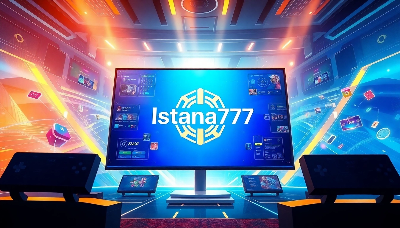 Menggambarkan logo Istana777 dengan elemen permainan yang interaktif dan energik.