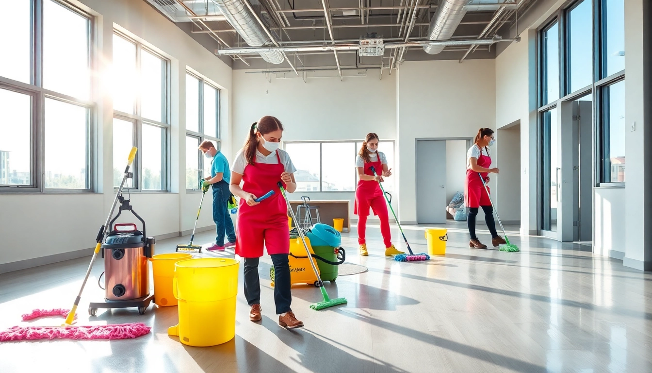 Dynamic scene of post construction cleaning, with a professional team efficiently cleaning a bright, modern space.