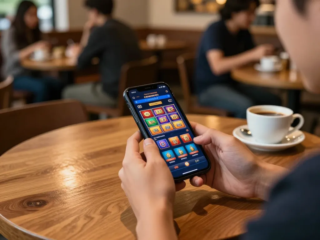 Engaging with slot server jepang on a smartphone at a cozy coffee shop.