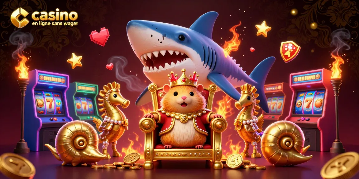 Visuel captivant d'un casino en ligne sans wager avec un roi hamster doré sur un trône de dents de requin, entouré de machines à sous.