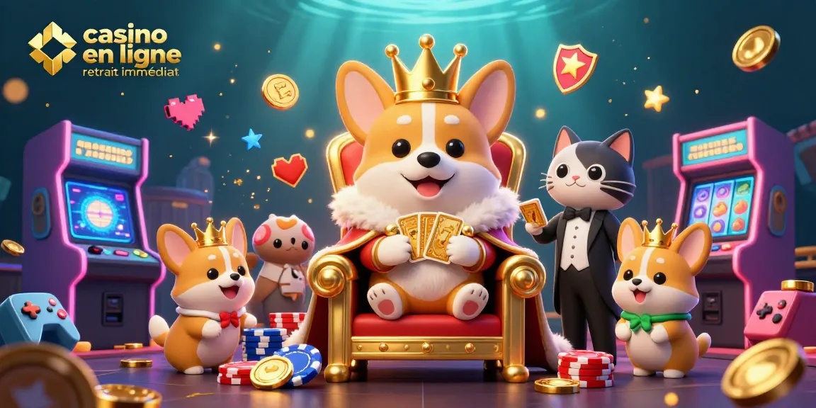 Visualisez le monde du casino avec un corgi royal en ligne retrait immédiat, entouré de machines à sous et de décorations scintillantes.