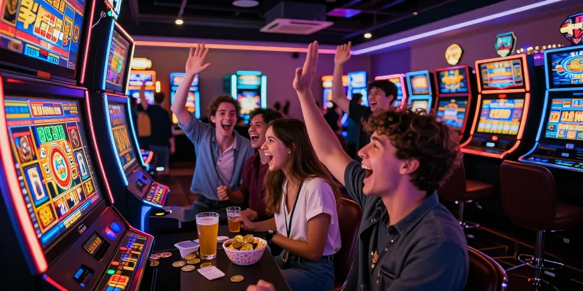 Friends celebrating a win at a slot777 machine in a lively casino setting.