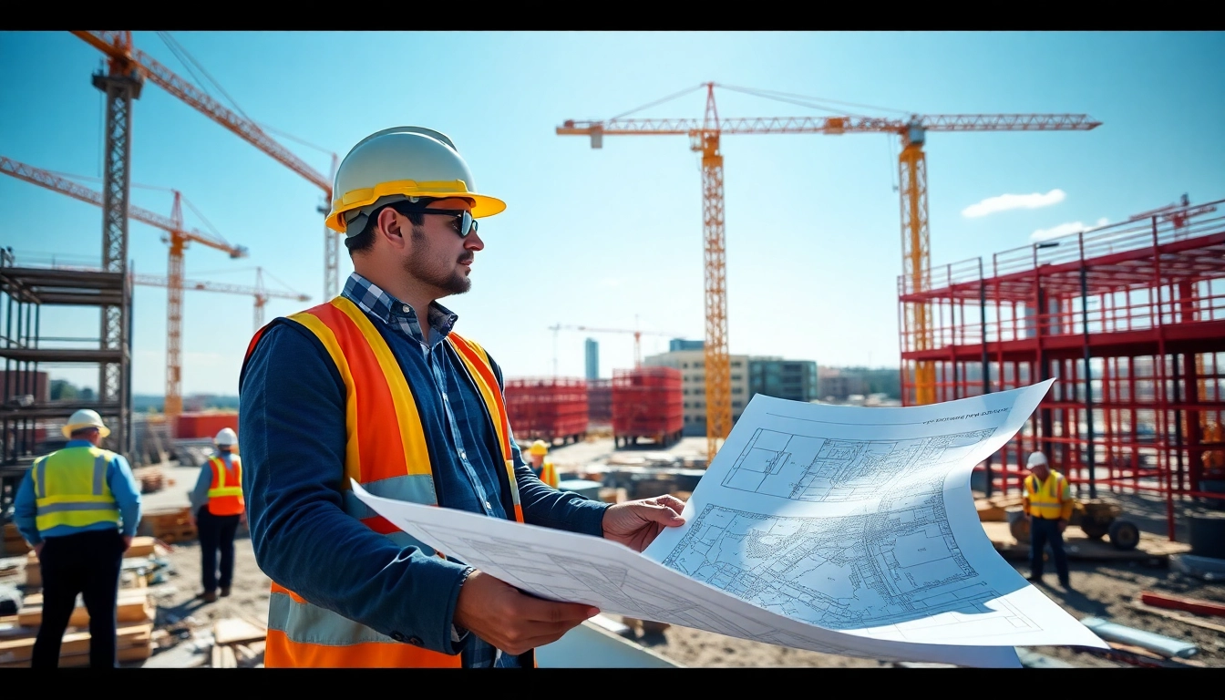New Jersey Construction Manager supervising workers on a bustling construction site.