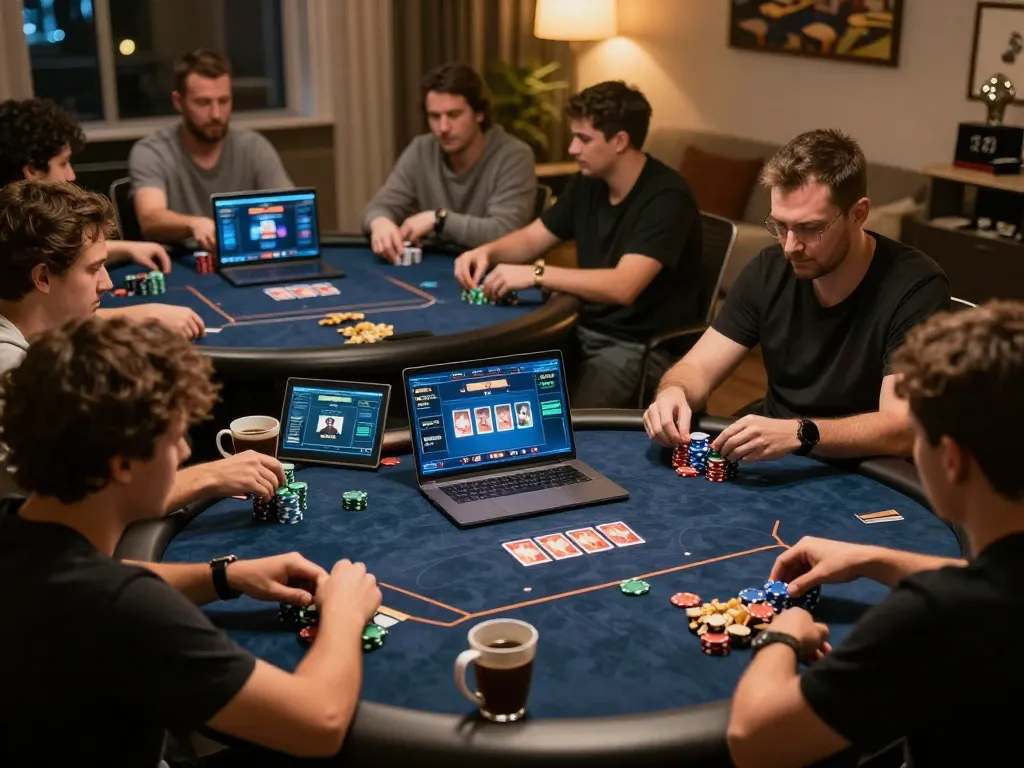 Players engaged in poker strategy at home, featuring hakobhakobyanart as they analyze bets.