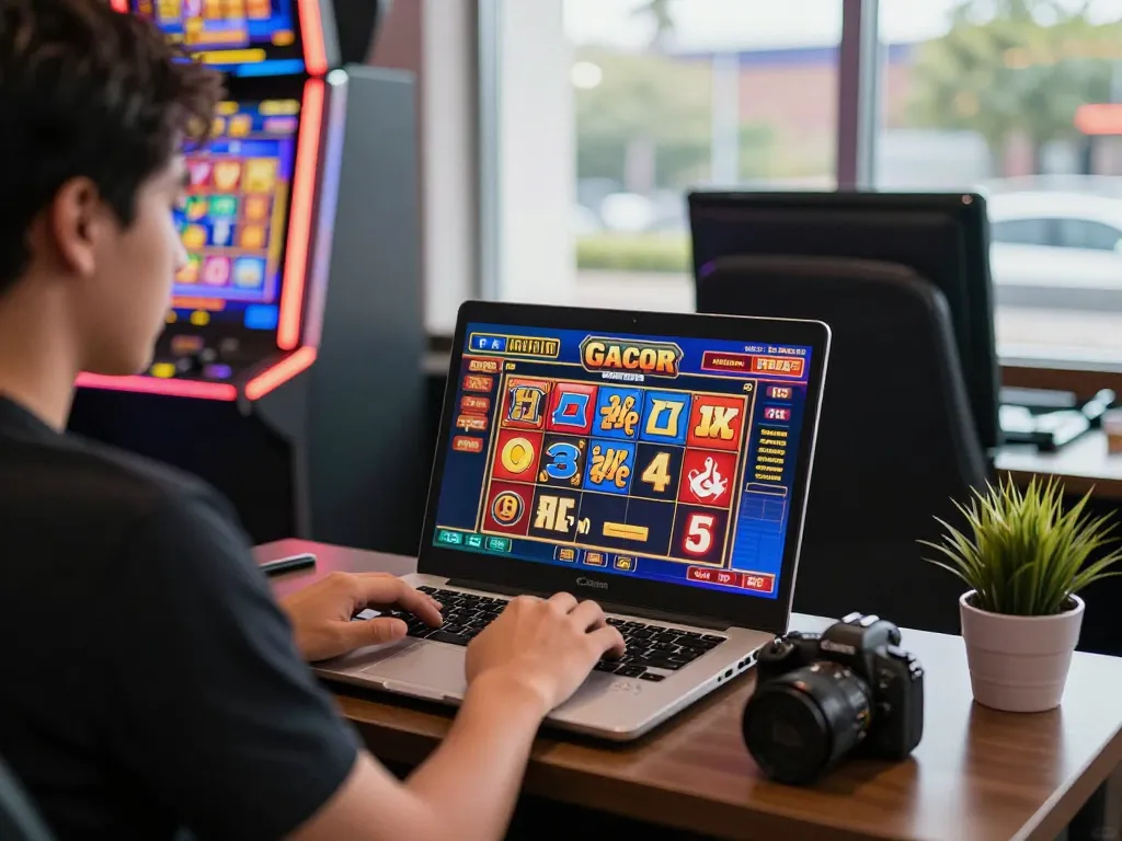 Situs Slot Gacor online gaming session with a player focused on vibrant slot game interface.