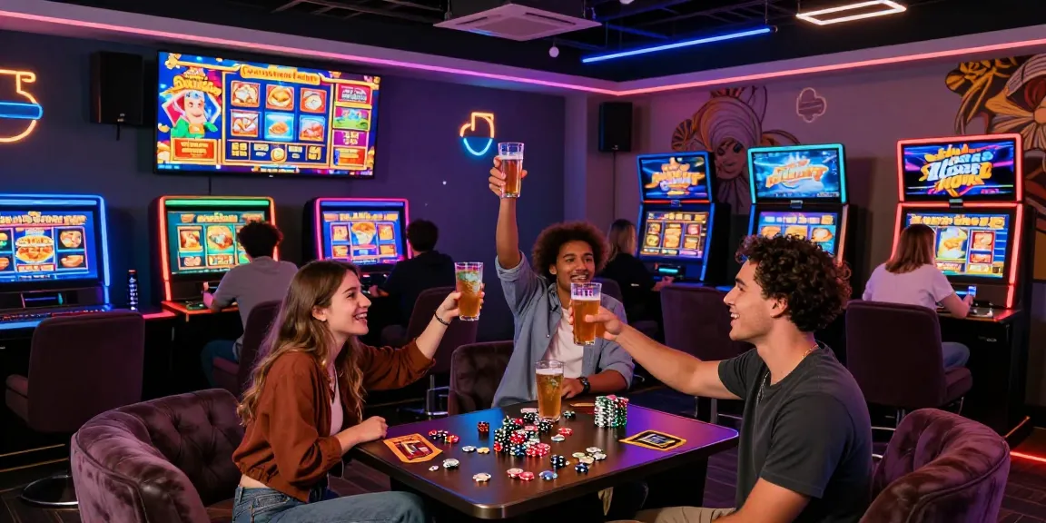Diverse friends celebrating wins at a modern casino gaming lounge featuring popular pragmatic slots.