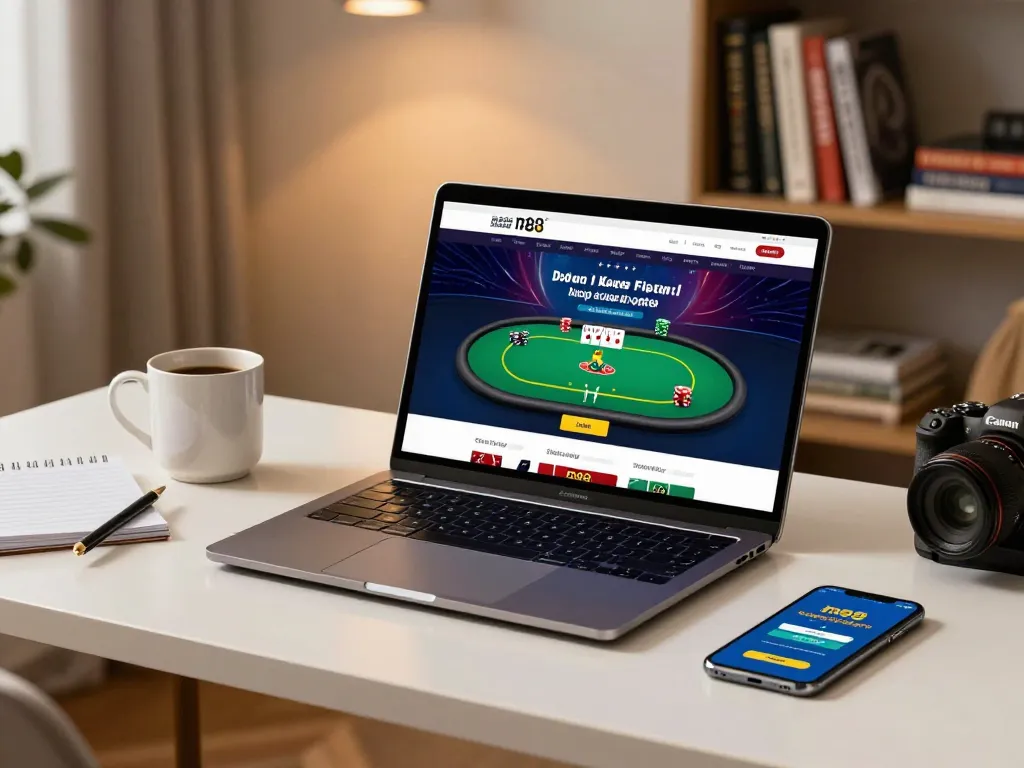 Cảnh hấp dẫn thể hiện trò chơi poker trực tuyến với liên kết m88 hiển thị trên laptop, nhấn mạnh việc cá cược chiến lược.
