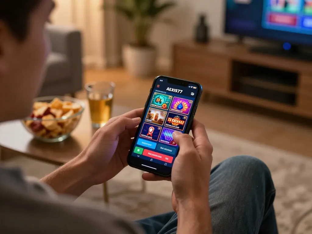 Experience the thrill of gambling with alexis77 on a mobile device in a cozy setting.