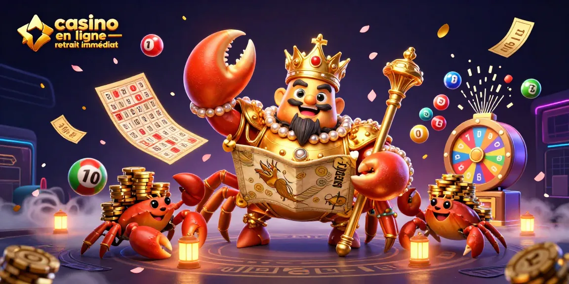 Visualisation dynamique pour le casino en ligne retrait immédiat avec le crabe empereur et des éléments de jeu colorés.
