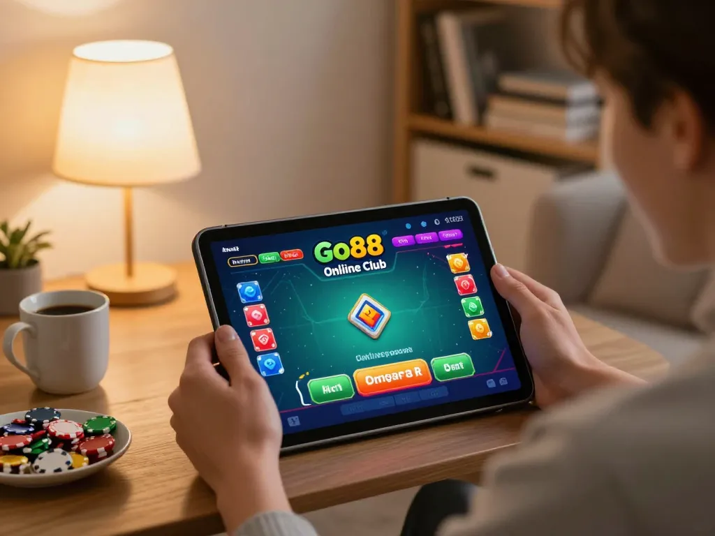 Engaged player enjoying the Go88 club casino experience on a tablet at home with a warm atmosphere.