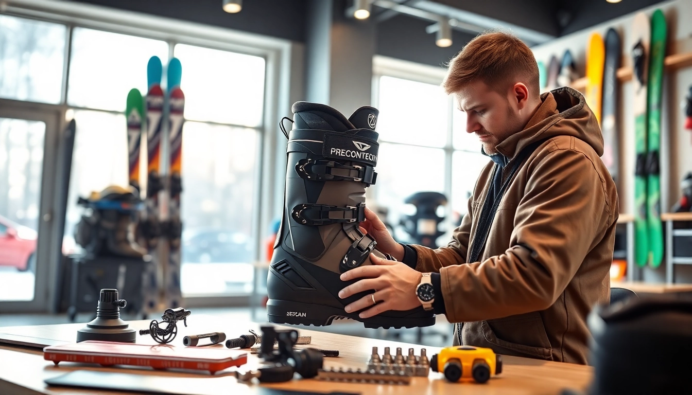 Fitting a custom boot at a custom boot fitting ski shop to ensure optimal performance.