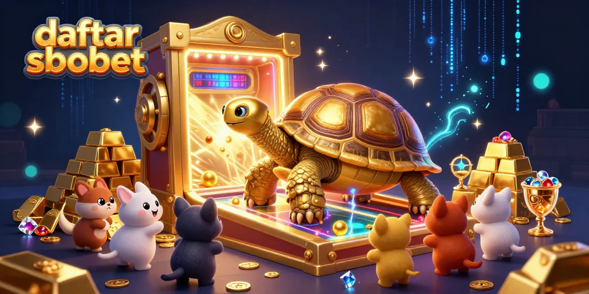 Engage in thrilling betting action with daftar sbobet, featuring a lively 3D illustration of a golden tortoise casino theme.