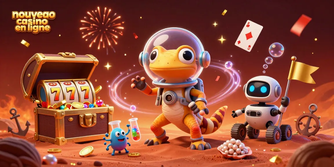 Un lézard martien en 3D découvrant un nouveau casino en ligne au milieu de trésors et d'effets de jeu captivants.