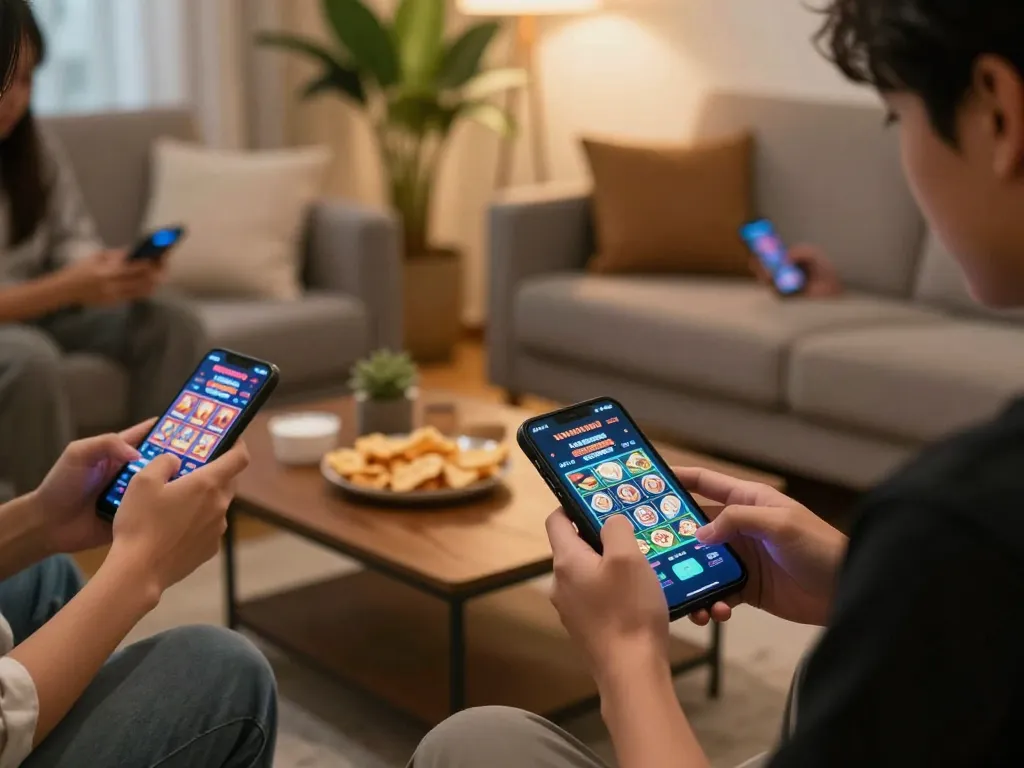 Players enjoying mobile gaming with thailand slot game interface in a cozy living room.