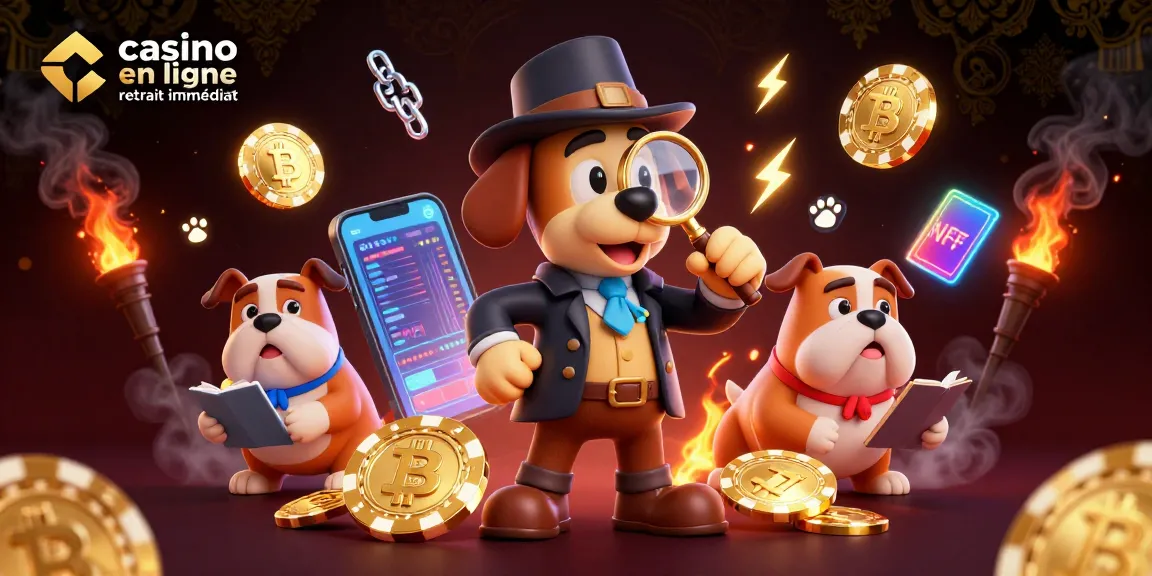 Jouer au casino en ligne retrait immédiat avec un chien détective et des pièces de crypto-monnaie.