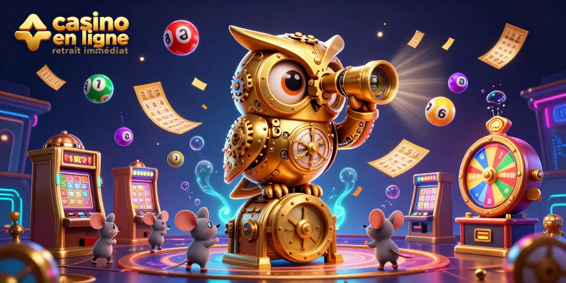 Jouez à un casino en ligne avec retrait immédiat avec des éléments de loterie colorés et un hibou doré au casino.