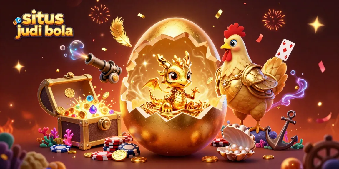 Situs judi bola showcases a dynamic 3D scene with a golden dragon amid vibrant casino elements.