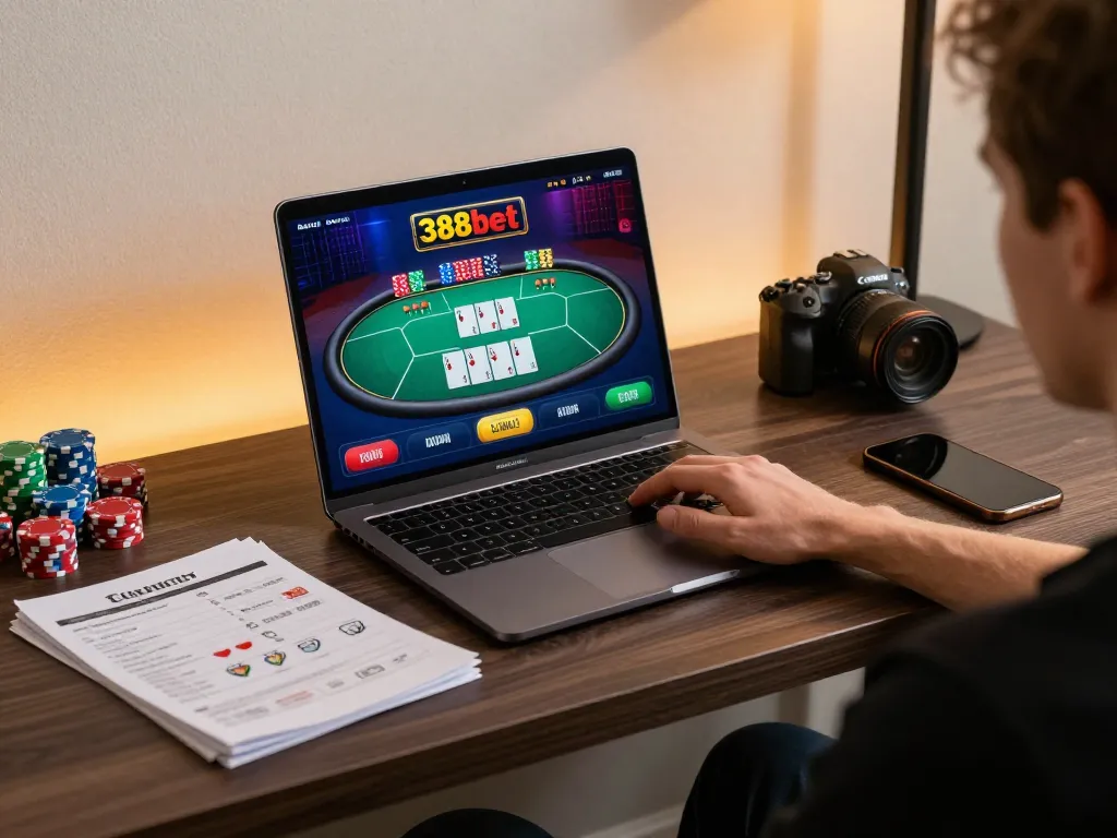 Engaging in poker gameplay on 388bet with a laptop, highlighting strategic betting