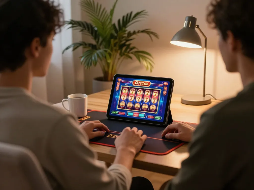 Engaged in gameplay, person enjoying slot777 gacor on tablet in cozy home setting.