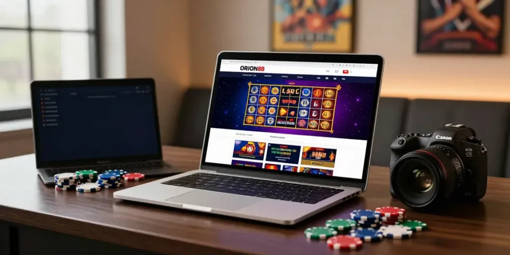 Engaging online gambling setup with ORION88 website on laptop, colorful chips, and smartphone notifications.