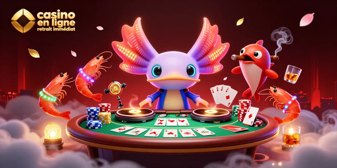 Plongez dans le monde du casino en ligne retrait immédiat avec un DJ axolotl coloré et des crevettes dansantes.