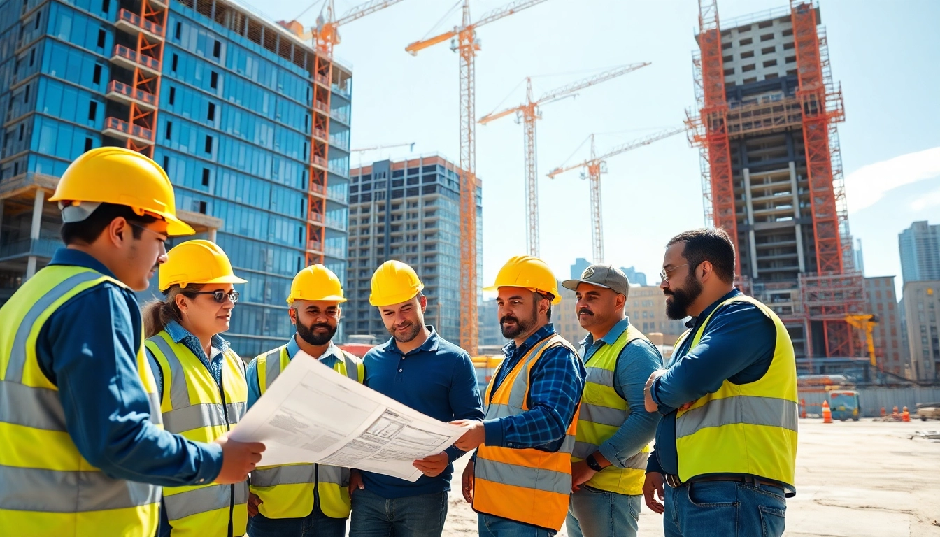 Manhattan Commercial General Contractor team reviewing plans on a vibrant construction site.