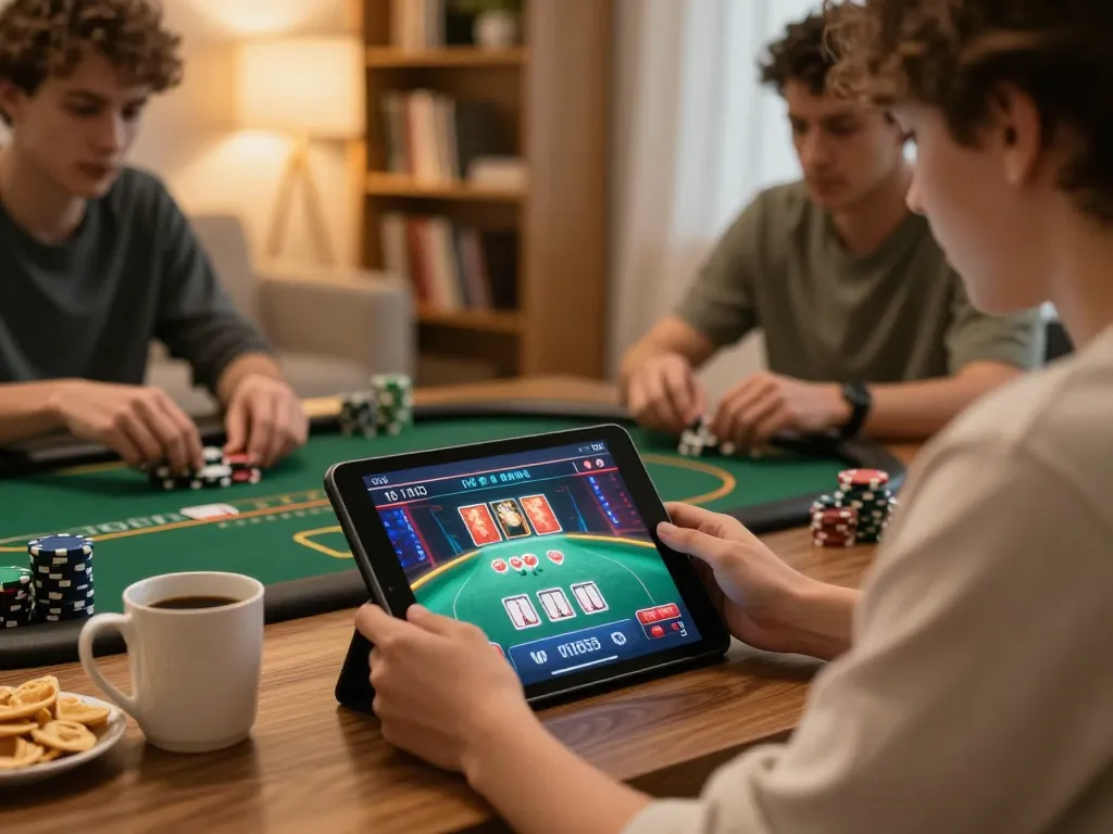 Players enjoying online gameplay with Link 79king displayed on the tablet, set in a cozy home environment.