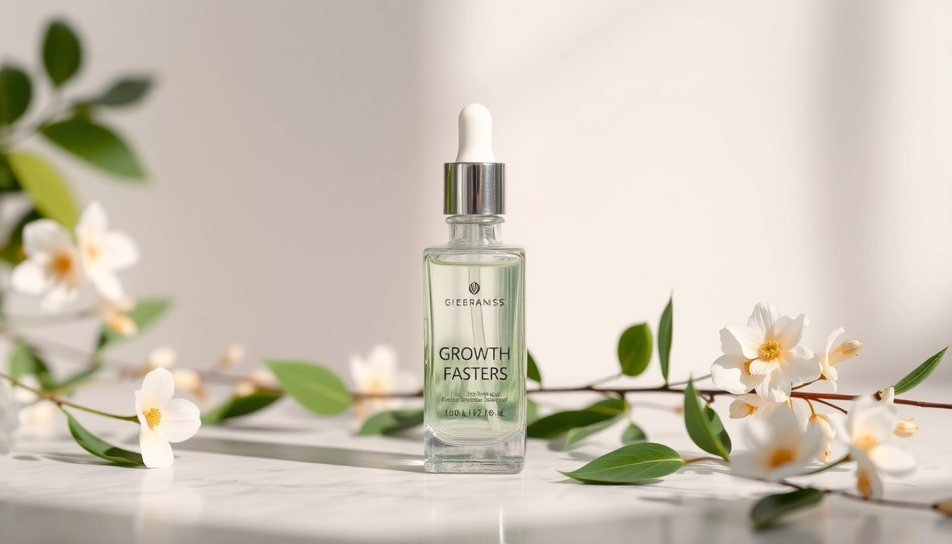 Application of affordable growth factor serum in a luxurious setting highlighting its benefits.