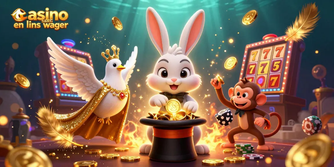Visuel dynamique de casino en ligne sans wager avec un lapin magicien, une colombe et un singe.