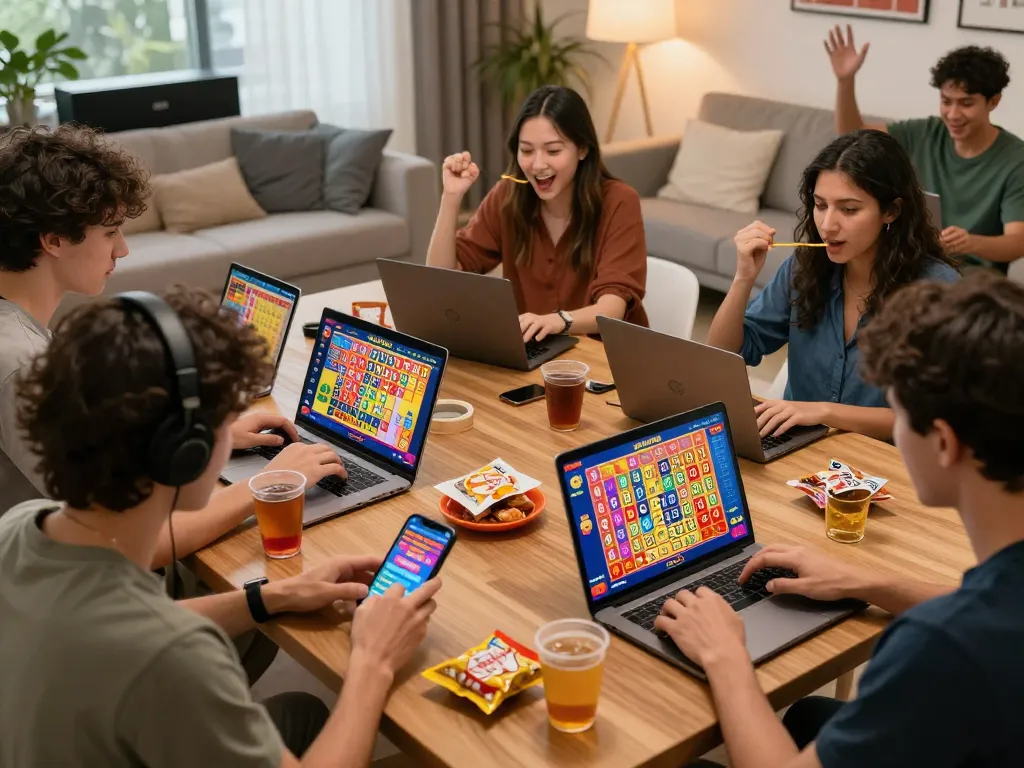 A diverse group enjoying online Agen Togel games in a vibrant home setting, showcasing excitement and engagement.