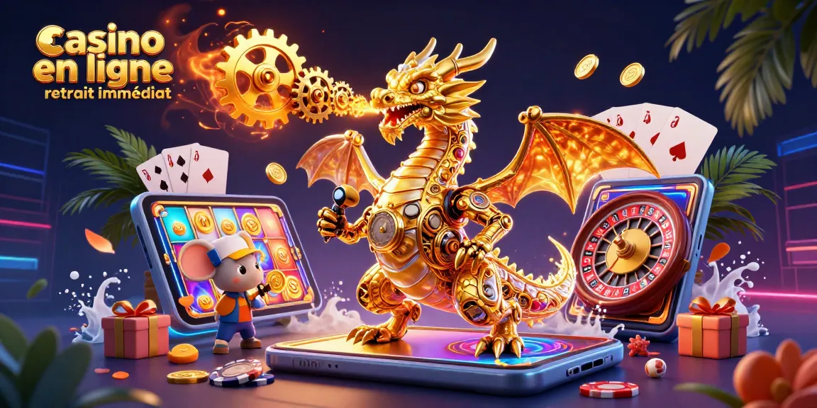Jouez dans un casino en ligne retrait immédiat avec un dragon mécanique et un ingénieur souris au milieu des éléments de jeu.