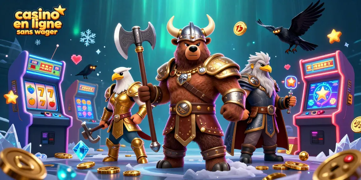 Vainquez sur le casino en ligne sans wager avec un ours viking et une aigle valkyrie dans un monde de jeux lumineux.