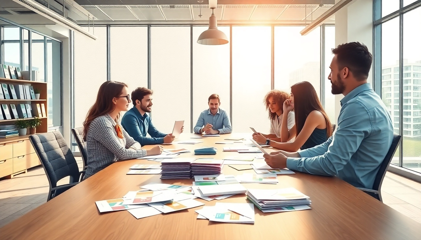 Engage with a direct mail company team collaborating on strategies in a bright office setting.
