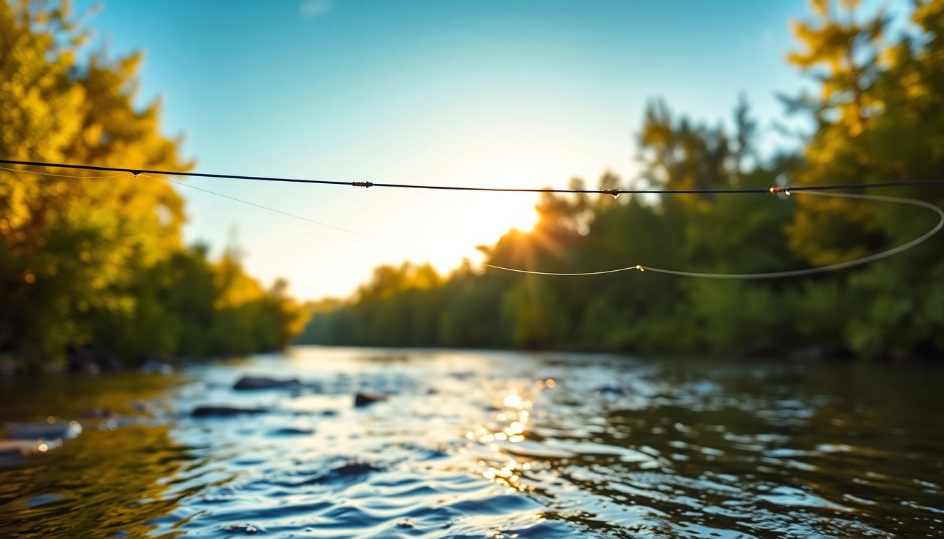 Casters employing a fly fishing line over a tranquil river, showcasing the art of angling.