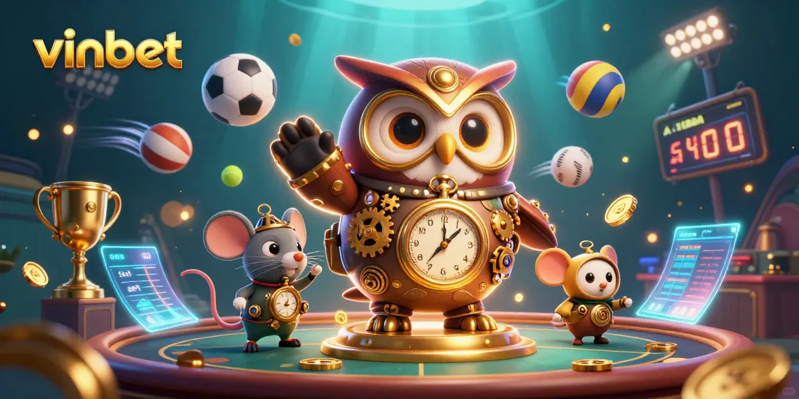 Engaging scene of vinbet's cartoon time-traveler owl amidst dynamic sports elements, showcasing lively betting action.