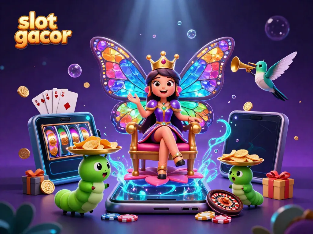 Menggali slot gacor dengan ratu kupu-kupu dan chip emas, meriah dengan permainan slot di sekitarnya.